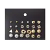 Brincos Europeus e Americanos Mais Vendidos com Pérola e Zircônia Embalados em Cartão, 12 Pares de Brincos Geométricos de Metal, Conjunto de Brincos Atacado Aço Formato Redondo
