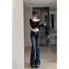 Jeans Acampanados Ajustados de Tiro Bajo Azul Oscuro para Mujer Tendencia Versátil Nuevos Pantalones de Campana Adelgazantes de Longitud Completa