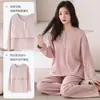 Pijama feminino 100% algodão, de manga comprida e perna comprida, com bojos embutidos no peito, adequado para usar como roupa externa, conjunto casual de duas peças, roupa de ficar em casa plus size