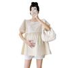 Traje de Mujer Embarazada Verano Nuevo Estilo Coreano Dulce Encaje Puntadas Camisa de Muñeca Top Pantalones Cortos para Vientre de Mujer Embarazada Conjunto de Dos Piezas