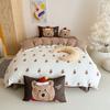 Set de cuatro piezas de algodón cepillado estilo caricatura para otoño e invierno, estampado de oso, ropa de cama gruesa para niños, funda de edredón, sábanas