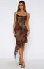 Vestido de moda de verano 2026 para mujer estilo europeo y americano con tirantes, corte ajustado, estampado vintage, abertura, bodycon, vestido elegante
