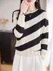 Suéter de punto a rayas con cuello redondo para mujer, suéter de punto de manga larga, jersey retro, casual, ajustado, versátil, básico para primavera y otoño