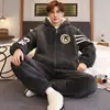 Pijama com Zíper Masculino Outono Inverno Coral Fleece Espessado Mais Veludo Quente Jovens Cardigan Roupas de Casa Conjunto Casual Masculino