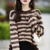 Cardigan de Punto Rayado Color Block 100% Algodón Puro para Mujer, Cuello Redondo, Manga Larga, Bolsillo Exterior, Chaqueta Corta Holgada, Primavera 2026