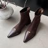 Botas Curtas de Bico Fino Estilo Francês para Mulheres 2025 Novas Botas de Couro Genuíno Salto Grosso Salto Médio Botas Curtas Elásticas para Mulheres Botas Slim