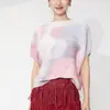 Blusas Plissadas de Alta Qualidade para Mulheres no Verão, Alta Qualidade, Design Solto e Ajustado, Camiseta Pulôver de Manga Curta Estampada em Degradê para Mulheres