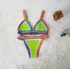 Bikini sexy de ganchillo de dos piezas europeo y americano, combinación de colores, traje de baño de playa de ganchillo de neopreno, traje de baño extranjero para mujer