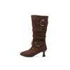 Botas de tacón alto hasta la pantorrilla, tallas 34-46, con tacón grueso para mujer, Botas de cuero para mujer transfronterizas, con punta redonda, estilo sin cordones, suela de goma suave cómoda