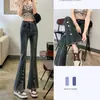 Pantalones Acampanados Elásticos de Cintura Alta Jeans para Mujer Hebilla-Hebilla Abertura Pantalones de Mezclilla Color Óxido Corte Ajustado Pantalones Largos Ajustados