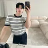 Myq Malha Listrada Manga Curta Estilo Old Money Masculina Verão Fina Respirável Gola Lapela Manga Meia Estilo Coreano Roupa de Trabalho