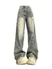 Jeans Wide Leg de Design High Street Americano para Mulheres, Calças Retas Soltas Afuniladas de Cintura Alta para Outono e Inverno