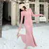 Comércio Exterior Roupas Femininas Foto Real Estilo Retrô Hong Kong Elegante e Sexy Cobertura do Quadril Vestido de Malha Cauda de Peixe Comprimento Médio Decote V para Mulheres