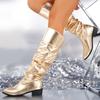 Botas de mujer de talla grande de comercio exterior doradas europeas y americanas Bar Rock Otoño e Invierno Nuevas botas apiladas transfronterizas Pero botas de cuero hasta la rodilla
