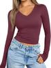 2024 Amazon Blusa Feminina de Manga Longa Outono Gola V Estilo Básico Slim Fit Camiseta Feminina com Design Patchwork Slim Fit