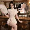 Nuevo cheongsam de estilo nacional chino con encaje, tapeta diagonal, cintura de corbata, abertura, vestido vintage, camisón transparente para mujer