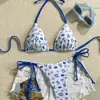 Bestseller de Amazon 2026: Conjunto de Bikini Halter Blanco y Azul con Temática Oceánica para Mujer, con un Fresco Estilo Playero