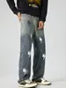 Ropa de Hombre Fengshe / Nueva Colección Primavera y Otoño Vintage High Street Parche de Rayo Jeans de Cuero para Hombre, Pantalones Largos Casuales Rectos Sueltos
