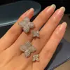 Anillo de Trébol Tachonado de Diamantes Estilo Minimalista de Lujo Ligero Anillo Abierto Ajustable para Dedo Índice Elegante Francés Joyería Ins