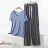 Pijama para mujer de talla grande para usar al aire libre, conjunto de dos piezas para casa para primavera y verano, conjunto de top de manga corta con cuello en V de modal con bolsillos y pantalones de pierna ancha