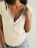 Camiseta de Verano Popular Transfronteriza Europea y Americana para Mujer, Color Sólido, Canalé, Manga Corta, Cuello en V de Un Botón, Corte Ajustado, Top Básico Versátil
