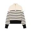 Moda femenina transfronteriza 2026 estilo europeo y americano casual suéter de punto a rayas con cremallera y cuello alto manga larga E490771