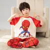 Pijama de Menino 2026 Verão Manga Curta Calça Longa Algodão Puro Novo Estilo Alunos do Ensino Fundamental Meninos Desenho Animado Gola Redonda Conjunto de Roupas para Casa