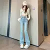 Jeans flare cintura alta azul claro feminino primavera e outono justo slim calça micro ferradura 2024 novo outono