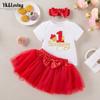 Vestido de festa de aniversário de verão para bebê menina, direto da fábrica, com letra 1 palavra, manga curta, saia khayi, acessórios de cabelo, conjunto de 3 peças