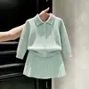 Conjunto de punto para niña estilo coreano, nuevo para otoño e invierno 2026, color verde menta, suéter con cuello polo trenzado y falda para bebé