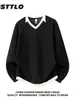 Nova Blusa de Moletom Listrada Elegante de Outono Falsa Dupla Peça Decote V Manga Longa Masculina Solta Preguiçosa Versátil Moda Malha