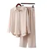 Sudeste Asiático Otoño e Invierno Tallas Grandes Holgado Color Sólido Manga Larga Camisa Casual Corbata Moda Elástico Arruga Pantalones de Pierna Ancha Conjunto