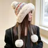 Novo chapéu de lã tricotado com color block para outono e inverno, estilo coreano, versátil, quente, afina o rosto, protege as orelhas, tipo pullover, à prova de frio para atividades ao ar livre para mulheres