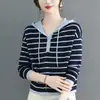 Suéter de Punto con Capucha a Rayas Estilo Coreano para Mujer 2026 Otoño/Invierno Nuevo Sencillo Casual Chaqueta Capa Base Superior