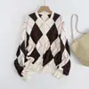 Cardigan Tricotado M Estilo Europeu e Americano Transfronteiriço 2026 Nova Moda Elegante Amazon Atacado Roupas Femininas Padrão de Diamante Gola Redonda