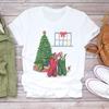Feliz Navidad Árbol de Navidad Papá Noel Cuello Redondo Moda Manga Media Camiseta Base Simple para Mujer Camiseta de Manga Corta para Mujer