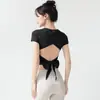 Ropa de Yoga de Espalda Bonita Hueca Manga Corta para Mujer Taza Fija Camiseta Deportiva Adelgazante Muestra Espalda Delgada Bonita Lazo Top de Fitness