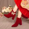 Zapatos de boda de invierno para mujer 2024 modelo nuevo, zapatos de novia de invierno, botines de tacón alto, vestido de novia Xiuhe, botas rojas de tacón grueso
