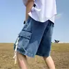 Shorts Jeans Masculino Verão Novo Estilo Coreano Marca Trendy Ins Bolso Grande Cargo Shorts Estudante Estiloso Caimento Solto Comprimento do Joelho Shorts