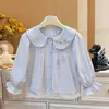 Camisa Infantil Feminina de Algodão Puro Estilo Coreano Desenho Animado Boneca KT para Primavera e Outono, Camisa Casual de Bebê, Top Infantil, Roupa Infantil