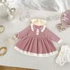 Vestido de Suéter Tricotado para Meninas Outono 2025 Vestido Elegante Infantil com Lapela em Cor Contrastante Vestido de Princesa de Manga Longa