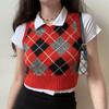Pulôver retrô doce estilo coreano, decote em V, colete de malha com losangos, estilo universitário feminino, combinação justa, sem mangas
