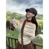 Blusa gola ombro a ombro 2026 novo suéter branco outono manga longa solta estilo coreano tricô para mulheres