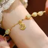 Pulsera Imitación Jade Hetian Sansheng III Marca Xiaofu para Mujer Mismo Estilo Caperucita Roja Moda Nacional Estilo Antiguo Pulsera de Jade de Imitación con Cascabel