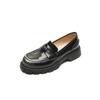 Mocassins de moedas de ouro de sola grossa de estilo britânico dentro e fora de couro completo 2024 primavera novos sapatos de couro de cabeça redonda de salto médio grosso para mulheres