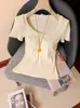 2026 Verão Novo Estilo Algodão de Alta Elasticidade Seco e Respirável Minimalista Decote Grande Slim Fit Cor Sólida Camiseta Chique Versátil