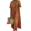 Vestido de comprimento médio com decote V que valoriza a silhueta, saia de algodão e linho para mulheres, loja TikTok Shopee transfronteiriça europeia e americana, tamanhos grandes