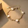 Pulseira Irregular de Pérolas em Aço Titânio de Camada Dupla, Estilo Novo Europeu e Americano, com Corrente Cruzada e Contas, Não Desbota, Joia Fashion e Única