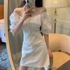 Vestido Francés de Verano 2025 Sexy Mangas Abullonadas Un Hombro Cita Maquinando Espalda Descubierta Falda Blanca