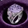 Anel Super Luxuoso Europeu e Americano Transfronteiriço Novo Produto, Design Floral Criativo, Sensação de Alto Padrão, Anel Feminino com Pedra Preciosa Diamante Roxo, Joia Totalmente em Diamante